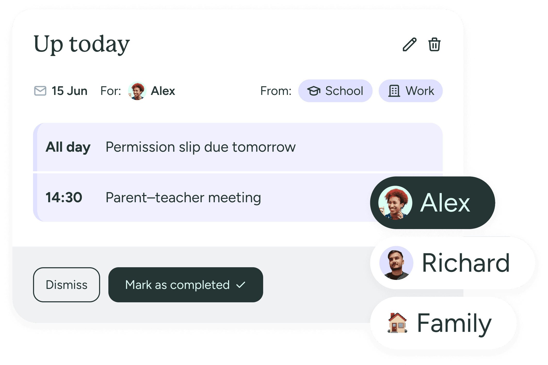 Up today — permission slip and parent-teacher meeting with Alex, Richard, Family pills